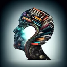 a person's head with books stacked on top of it