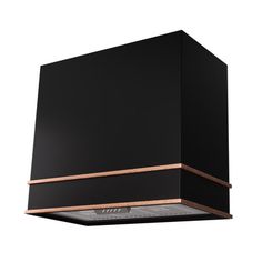 a black stove hood with copper trimmings on the side and an overhead light above it