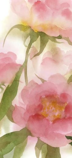 watercolor painting of pink flowers with green leaves