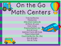 a sign that says on the go math centers with vehicles and hot air balloons in it