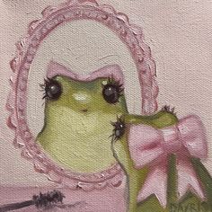 a painting of a frog in front of a mirror with a pink bow on it's head