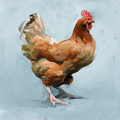 a painting of a chicken on a blue background