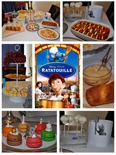 various pictures of food and desserts on display at a children's birthday party