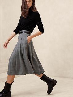 Herringbone Pleated Midi Skirt | Banana Republic Factory Pleated Maxi Skirt Work, Pleated Skirt Midi Outfits, Fashionable Office Wear, Office Lined Pleated Midi Skirt, Fall A-line Pleated Work Skirt, Grey Midi Skirt Outfit, A Line Midi Skirt Outfit, Gray Pleated Skirt Outfit, Chic Winter A-line Pleated Skirt