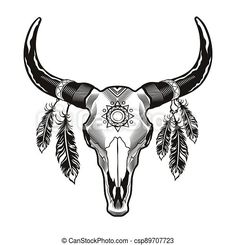 the head of a bull with feathers on it's horns is drawn in black and white