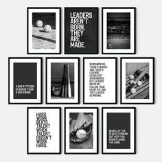 black and white posters with baseballs, balls, and softball bats on them are arranged in the shape of a collage