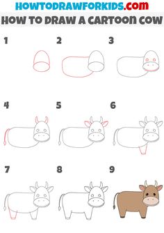 how to draw a cartoon cow with step by step instructions for kids and beginners