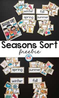 the seasons sort is shown with words and pictures on it, including snowflakes