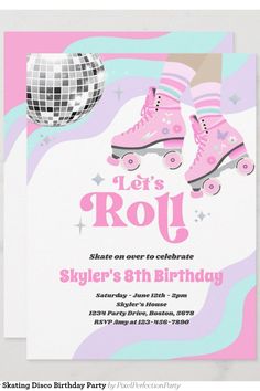 a pink roller skate birthday party card