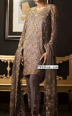 Mauve Chiffon Suit -  Pakistani Party Dresses and Formal Wear Elegant Party Dresses With Resham Embroidery, Fitted Chiffon Dress For Party Wear, Evening Chiffon Dress With Dupatta, Chiffon Evening Dress With Dupatta, Elegant Party Dress With Dupatta, Gold Fitted Georgette Dress, Sheer Georgette Party Set, Chiffon Dress With Sheer Dupatta For Reception, Sheer Georgette Party Dress