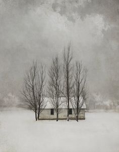 an old house with trees in the snow