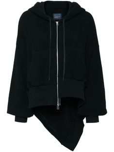 black cotton blend drawstring hood front zip fastening long sleeves ribbed cuffs high-low hem Zipped Hoodie, City Dress, Iconic Bags, Summer Beach Wear, Yohji Yamamoto, Ballet Flat Shoes, Ski Wear, High Low Hem, Hoodie Top