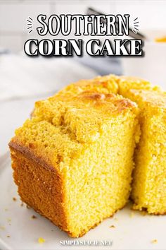 a close up of a cake on a plate with the words southern corn cake above it