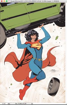 a woman flying through the air next to a green car with a superman on it