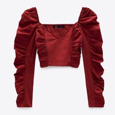 New With Tag Fitted Ruched Red Blouse, Red Ruched Blouse For Spring, Spring Red Ruched Blouse, Longsleeve Croptop, Zara Knitwear, Ruched Crop Top, Tied T Shirt, Organza Top, Top With Long Sleeves