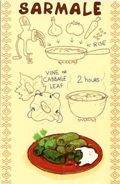 an illustrated poster with instructions on how to cook sarmals and other foods in it