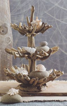 there is a small tree made out of seashells and driftwood on the table