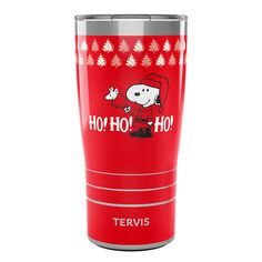 a red tumbler cup with a cartoon character on the side and christmas trees around it