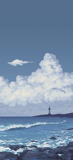 an oil painting of the ocean with a lighthouse in the distance and clouds above it