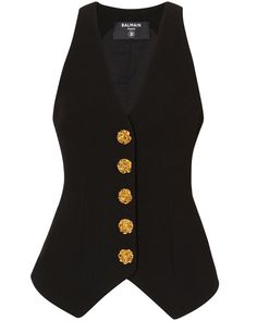 Balmain Noir Sleeveless Button Vest Deep v neck Sleeveless Front button closure Gold tone statement buttons Tailored fit 100% wool Elegant Wool Top With Button Closure, Elegant Wool Tops With Button Closure, Elegant Wool V-neck Vest, Elegant V-neck Vest With Buttons, Elegant V-neck Wool Vest, Tailored V-neck Top With Buttons, Tailored Chic Vest With Buttons, Chic Tailored Vest With Buttons, Elegant Sleeveless Vest With Button Closure