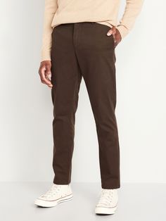 contoured waistband button closure belt loops zip fly hip pockets back welt pockets with button closure at left slim thigh and leg hits below ankle model is approx.  6'1" and wears size 32w x 32lmachine wash according to the care instruction label Navy Pants Men, Old Navy Men, Pants Brown, Twill Pants, Chino Pants, Old Navy Pants, Pants Men, Slim Pants, Navy Pants