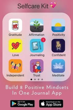 the self care kit is displayed on a pink background with text that reads, build 8 positive minds in one journal app