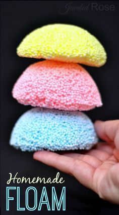 a person is holding three small crocheted pillows in front of their face and the caption reads, homemade foam recipe for play