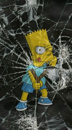 a cartoon character holding a hammer in front of a cracked glass window that has been smashed