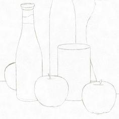 a line drawing of apples and bottles with one apple in the foreground on a white background