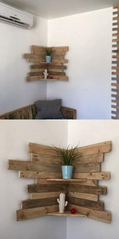 two pictures of wooden shelves with plants on them