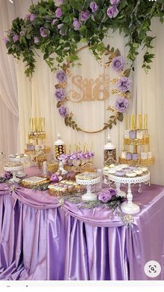 a table topped with lots of cakes and desserts