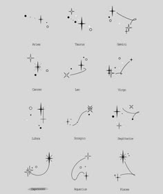 an image of zodiac signs and their meanings in black ink on a gray background with stars