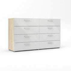 a white and wood dresser with drawers on each side, in front of a white background