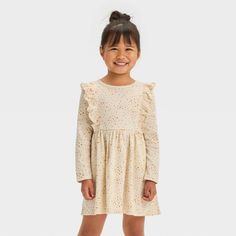 Toddler Girls' Gold Stars Long Sleeve Dress - Cat & Jack™ Off-White 4T Toddler Girl Fall, Neutral Dress, Heart Print Dress, Toddler Dresses, Girls Floral Dress, Spotted Dress, Small Stuff, Long Sleeve Knit Dress, Long Sleeve Print Dress