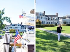 a woman walking on the grass next to a house and boat docked in front of it