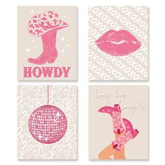 four cards with different images of women's shoes and hats on them, one is pink