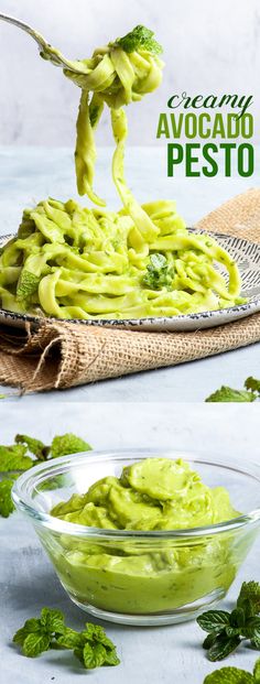 green pesto sauce in a glass bowl on top of a table with basil leaves