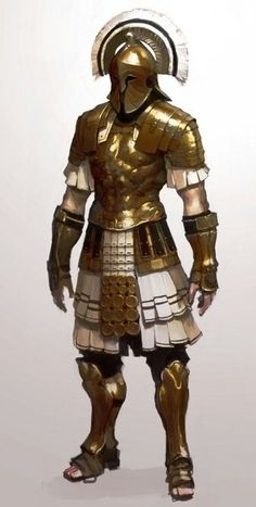 a man dressed in gold armor standing on a white background