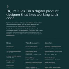 an image of a website page with the words, hi i'm jules i'm a digital product designer that likes working with code