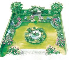 an aerial view of a garden with lots of flowers and plants around the center area