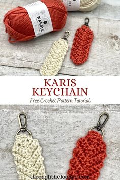 crochet keychain is shown with two balls of yarn