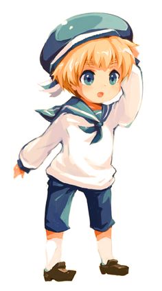 an anime character with blonde hair wearing blue shorts and a white t - shirt, holding his hands behind his head