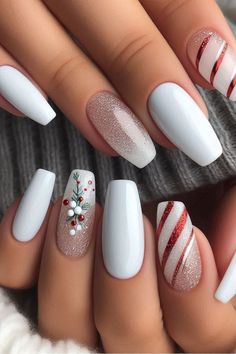 Embrace the holiday spirit with these classic red and white candy cane nails featuring a fabulous glittery finish! The festive stripes shimmer beautifully, adding a touch of sparkle to your seasonal look. Perfect for Christmas parties and festive gatherings, these nails are a delightful way to spread cheer and show off your holiday style! 🎄✨💅 #NailArt #CandyCaneNails #GlitteryNails #ChristmasNailDesigns #HolidayNailInspo Cute Short Nail Christmas Designs, Christmas Ribbon Nails Designs, Xmas Nails Candy Canes, December Nails Red And White, Classy Neutral Christmas Nails, Christmas Nails Polygel, Xmas White Nails, Candy Cane Snowflake Nails, Holiday Nails Red And White