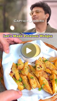 a person holding a basket filled with food next to a video about how to make potatoes wedges