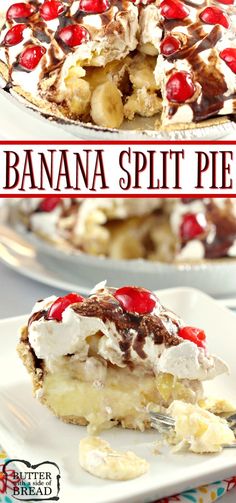 banana split pie on a white plate with cherries