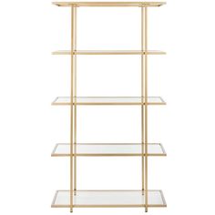 a gold shelf with glass shelves on each side and two shelves below the shelf are empty