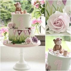 a collage of photos with teddy bears and flowers on them, including a cake