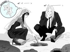 two anime characters sitting on the ground with one holding a knife and another kneeling down