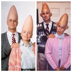 three different pictures of people with fake heads