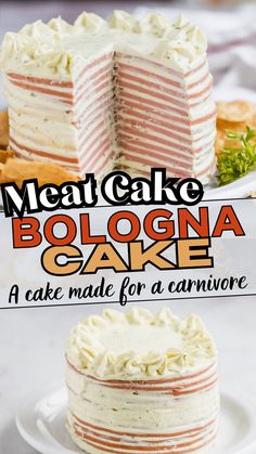 a collage of cakes with the words meat cake bologna cake on top